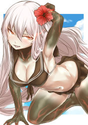 Rule 34 | 10s, 1girl, abyssal ship, adapted costume, aircraft carrier oni, aircraft carrier princess, all fours, arm behind head, arm support, armpits, blue sky, breasts, cleavage, cloud, collarbone, fang, female focus, flaming eyes, flower, front-tie top, gauntlets, hair flower, hair ornament, half-closed eyes, hand in own hair, hanging breasts, hibiscus, highres, kantai collection, large breasts, long hair, looking at viewer, microskirt, narrowed eyes, navel, nekotama1987, one side up, open mouth, outdoors, outside border, pale skin, red eyes, skirt, sky, solo, swimsuit, very long hair, white hair
