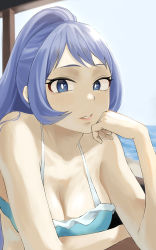 Rule 34 | 1girl, absurdres, beach, bikini, bikini top only, blue eyes, blue hair, blue sky, boku no hero academia, breasts, cleavage, collarbone, fengling (furin-jp), hadou nejire, hair over shoulder, hand on own chin, hand on own face, highres, large breasts, lips, long hair, looking at viewer, ocean, ponytail, sitting, sky, smile, solo, swimsuit, teeth