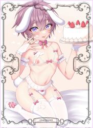 Rule 34 | 1boy, animal ears, animal hands, armlet, bell, blue eyes, blush, border, bow, bulge, cake, character request, choker, copyright request, cream, cream on body, cream on breasts, cream on face, cream on leg, crossdressing, fingerless gloves, food, food on body, food on breasts, food on face, food on legs, fruit, garter belt, garter straps, gloves, hajiwan001, highres, male focus, navel, nipples, panties, paw shoes, pink bow, pink hair, rabbit boy, rabbit ears, rabbit tail, strawberry, string bra, tail, thighhighs, thighs, tongue, tongue out, underwear, white gloves, white panties, white thighhighs
