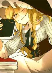 Rule 34 | 1girl, alternate costume, black hat, blonde hair, book, bow, braid, collar, commentary request, corset, green bow, green ribbon, hair bow, hat, highres, holding, holding book, kirisame marisa, leaning on object, light blush, long hair, long sleeves, looking at viewer, neck ribbon, one eye closed, ribbon, side braid, single braid, sitting, skirt, smile, solo, touhou, very long hair, white skirt, witch hat, yellow eyes, yonu (yonurime)