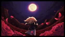 Rule 34 | 1girl, ahoge, arm at side, black border, black sweater, blonde hair, border, commentary, facing away, falling petals, field, fisheye, flower, flower field, from behind, full moon, glubbybubby, grey skirt, hand up, highres, long sleeves, looking ahead, medium hair, moon, mountain, night, outdoors, petals, purple sky, red flower, red rose, rose, skirt, sky, solo, standing, sweater, symbol-only commentary, urotsuki, wind, yume 2kki