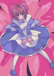 Rule 34 | 1girl, antenna hair, blue footwear, blush, bow, brown hair, cardcaptor sakura, commentary request, dress, english text, flower, frilled dress, frills, green eyes, hair bow, hair ornament, highres, kinomoto sakura, long sleeves, looking at viewer, magical girl, mary janes, official alternate costume, open mouth, pantyhose, puffy long sleeves, puffy sleeves, pururu ru6, shoes, short hair, simple background, solo, white pantyhose