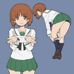 Rule 34 | 1girl, :o, bent over, black legwear, black neckerchief, blouse, brown eyes, brown footwear, brown hair, closed mouth, commentary, girls und panzer, green skirt, highres, holding, holding clothes, holding panties, holding underwear, loafers, long sleeves, looking at viewer, looking back, miniskirt, multiple views, neckerchief, nishizumi miho, onsen tamago (hs egg), ooarai school uniform, open mouth, panties, panty pull, pleated skirt, presenting removed panties, pulled by self, sailor collar, school uniform, serafuku, shirt, shoes, short hair, simple background, skirt, smile, socks, standing, underwear, undressing, white panties, white sailor collar, white shirt