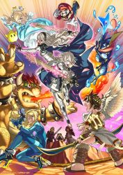 Rule 34 | 10s, 4girls, 6+boys, aqua dress, armor, barefoot, blonde hair, blue eyes, boots, bow (weapon), bowser, bracelet, brown footwear, cape, claws, corrin (female) (fire emblem), corrin (fire emblem), corrin (male) (fire emblem), creatures (company), crown, dress, dual persona, earrings, elise (fire emblem), facial hair, fire, fire emblem, fire emblem fates, full body, game freak, gauntlets, gen 6 pokemon, gloves, glowing, glowing sword, glowing weapon, grass, greninja, gun, hair over one eye, hairband, hat, highres, hill, holding, holding sword, holding weapon, horns, jewelry, kid icarus, kid icarus uprising, kneeling, kozaki yuusuke, liquid weapon, long hair, luma (mario), mario, mario (series), metroid, multiple boys, multiple girls, muscular, mustache, nintendo, official art, pit (kid icarus), pointy ears, pokemon, pokemon (creature), pokemon xy, ponytail, red eyes, rosalina, ryoma (fire emblem), samus aran, sandals, shoes, short hair, shuriken, silver hair, spiked bracelet, spikes, standing, star (symbol), star earrings, stun gun, super mario galaxy, super smash bros., sweatdrop, sword, thigh boots, thighhighs, tongue, tongue out, twintails, very long hair, wand, water, weapon, white gloves, wrist cuffs, xander (fire emblem), zero suit
