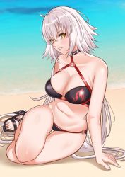 Rule 34 | 1girl, absurdres, ahoge, arm support, bikini, breasts, cleavage, crossed bangs, fate/grand order, fate (series), grey hair, hair between eyes, high heels, highres, jeanne d&#039;arc alter (fate), jeanne d&#039;arc alter (swimsuit berserker) (fate), large breasts, light blush, long hair, looking at viewer, ocean, outdoors, parted lips, sand, sandals, smile, solo, strappy heels, swimsuit, thigh gap, thighs, toes, tomotomow00w, very long hair, water, white hair, yellow eyes