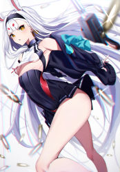 Rule 34 | 1girl, :o, absurdres, animal ears, arched back, azarashi (azrsot), azur lane, bare shoulders, black hairband, black jacket, black skirt, blunt bangs, breasts, casing ejection, crop top, eyebrows hidden by hair, hairband, halterneck, high-waist skirt, highres, huge filesize, jacket, long hair, long sleeves, looking at viewer, miniskirt, no bra, open clothes, open jacket, pleated skirt, rabbit ears, shell casing, shimakaze (azur lane), short eyebrows, skirt, small breasts, solo, suspender skirt, suspenders, thighs, underboob, very long hair, white hair, yellow eyes