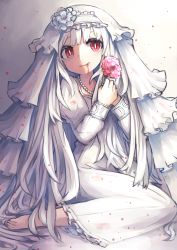 Rule 34 | 1girl, bad id, bad pixiv id, barefoot, blood, blood from mouth, bridal veil, closed mouth, commentary request, dress, flower, frilled hairband, frills, full body, hair flower, hair ornament, hairband, highres, long hair, long sleeves, looking at viewer, original, red eyes, rose, sitting, slit pupils, smile, solo, veil, very long hair, wedding dress, white dress, white hair