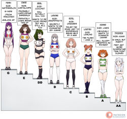 Rule 34 | 6+girls, :t, absurdres, arm behind back, arms behind back, arms under breasts, bare legs, black buruma, black socks, blue buruma, blue eyes, breast envy, breasts, brown eyes, brown hair, buruma, bust chart, cantaloupe, coconut, commentary, crop top, crossed arms, crossed legs, dangle earrings, dismaiden, double bun, earrings, edel (sousou no frieren), ehre (sousou no frieren), elf, english commentary, english text, expressionless, facing viewer, fern (sousou no frieren), flat chest, food, frieren, fruit, full body, grapefruit, green buruma, green eyes, green hair, grey hair, hair bun, hand on own hip, hands on own hips, high side ponytail, highres, holding own arm, jewelry, kanne (sousou no frieren), kiwi (fruit), kneehighs, large breasts, laufen (sousou no frieren), lawine (sousou no frieren), lemon, lime (fruit), long hair, looking at another, looking at viewer, looking to the side, medium breasts, medium hair, multiple girls, navel, orange (fruit), orange hair, own hands together, parted lips, patreon username, pink hair, pointy ears, pout, purple eyes, purple hair, ranking, shoes, short hair, size comparison, small breasts, smile, sneakers, socks, sousou no frieren, sports bra, standing, stomach, straight hair, thigh gap, thigh strap, thighs, twintails, two side up, ubel (sousou no frieren), very long hair, watermelon, watson cross, white buruma, white hair, white socks, winner&#039;s platform