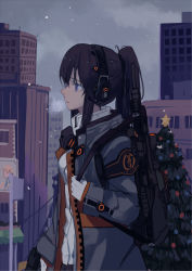 Rule 34 | 1girl, black hair, blue eyes, christmas tree, gloves, gun, headphones, hfp~kubiao, hfp～kubiao, highres, jacket, looking at viewer, original, ponytail, rifle, sniper rifle, snowing, solo, weapon, white gloves