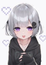 Rule 34 | 1girl, :p, black hoodie, blunt bangs, blush, collarbone, commentary request, grey background, grey hair, hair ornament, hand up, heart, heart necklace, highres, hood, hood down, hoodie, jewelry, long sleeves, mole, mole under eye, necklace, original, piercing, pixel art, puffy long sleeves, puffy sleeves, purple eyes, simple background, sleeves past wrists, solo, sweat, tongue, tongue out, tongue piercing, translated, tsukiman, upper body