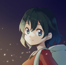 Rule 34 | 1girl, backpack, bag, bell, blue eyes, from side, green hair, hair bell, hair ornament, kaban (kemono friends), kemono friends, looking at viewer, looking to the side, portrait, red shirt, saiste, scene reference, shirt, short hair, smile, solo, sparks