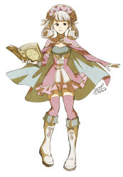 Rule 34 | 1girl, adapted costume, blue eyes, book, boots, breasts, cape, cleavage, commentary, dated, dc9spot, dress, english commentary, fire emblem, gat (korean traditional hat), gloves, hat, highres, holding, holding book, holding weapon, melia antiqua, nintendo, parted lips, pink thighhighs, short dress, signature, silver hair, simple background, small breasts, solo, standing, thighhighs, weapon, white background, white footwear, xenoblade chronicles (series), xenoblade chronicles 1