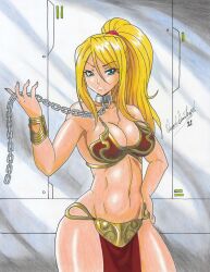 Rule 34 | 1girl, 2021, absurdres, blonde hair, blue eyes, breasts, chain, cleavage, closed mouth, collar, commission, cosplay, curvy, hair between eyes, hand on own hip, harness, highres, holding, holding chain, jewelry, large breasts, leash, loincloth, long hair, metal belt, metal collar, metroid, mole, mole under mouth, navel, nintendo, ornament, ponytail, ravernclouk design, revealing clothes, samus aran, slave, slave clothes, slave leia, slave leia (cosplay), solo, star wars, traditional media