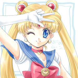 Rule 34 | 1girl, bishoujo senshi sailor moon, blonde hair, blue eyes, blue sailor collar, border, bow, brooch, choker, circlet, crescent, double bun, earrings, gloves, hair ornament, jewelry, lowres, one eye closed, red bow, sailor collar, sailor moon, shirataki kaiseki, simple background, smile, solo, tareme, tsukino usagi, twintails, upper body, v, white gloves