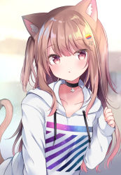 Rule 34 | 1girl, animal ear fluff, animal ears, apple hair ornament, apple inc., blurry, brown hair, cat ears, cat girl, cat tail, choker, cross, cross choker, depth of field, food-themed hair ornament, hair between eyes, hair ornament, highres, hood, hood down, hoodie, long hair, long sleeves, masayo (gin no ame), original, parted lips, side ponytail, sleeves past wrists, solo, starry sky print, tail