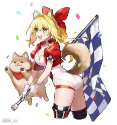 Rule 34 | 1girl, :d, absurdres, ahoge, animal ears, ass, blonde hair, bon (bony 53), bow, breasts, cleavage, collarbone, commentary request, cropped jacket, cropped legs, dated, dog, dog ears, dog tail, fate/extra, fate (series), flag, gloves, green eyes, hair bow, hair intakes, highres, holding, holding flag, korean commentary, leotard, long hair, looking at viewer, nero claudius (fate), nero claudius (fate) (all), nero claudius (fate/extra), official alternate costume, open mouth, puffy short sleeves, puffy sleeves, race queen, red bow, short sleeves, smile, solo, tail, teeth, thighhighs, twitter username, upper teeth only, white background, white gloves, white leotard