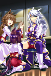 Rule 34 | 3girls, anger vein, animal ears, bodice, boots, braid, breasts, brown hair, character request, choker, cleavage, clenched teeth, collarbone, commentary, starting future (umamusume), cropped jacket, crossed arms, ears down, eyepatch, closed eyes, fang, french braid, hair ribbon, highres, horse ears, horse girl, horse tail, horseshoe, jacket, knee boots, long hair, long sleeves, mirror, multicolored hair, multiple girls, overskirt, purple legwear, queen beret (umamusume), red shorts, ribbon, seiza, shaded face, short hair, shorts, sidelocks, sitting, special week (umamusume), spread legs, stool, sweat, nervous sweating, tail, tail through clothes, teeth, thighhighs, two-tone hair, umajiri gyuunyuu, umamusume, white footwear, white hair, white jacket