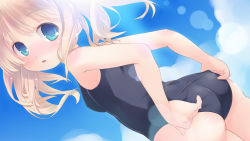 Rule 34 | 1girl, adjusting clothes, adjusting swimsuit, ass, bad id, bad pixiv id, binzoko megane (san-inch), blonde hair, blue eyes, blush, breasts, child, dutch angle, female focus, from behind, highres, long hair, looking back, medium breasts, one-piece swimsuit, open mouth, original, school swimsuit, short hair, solo, swimsuit, twintails, yumeno mikan