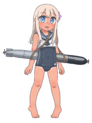 Rule 34 | 1girl, barefoot, blonde hair, blue eyes, blush, crop top, flat chest, flower, full body, hair flower, hair ornament, hare (tsooy18pjwdw21h), kantai collection, long hair, looking at viewer, one-piece swimsuit, open mouth, ro-500 (kancolle), sailor collar, school swimsuit, simple background, solo, swimsuit, swimsuit under clothes, tan, tanline, torpedo, white background