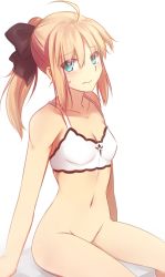 Rule 34 | 1girl, ahoge, artoria pendragon (fate), blonde hair, blue eyes, blush, bottomless, bra, breasts, fate/unlimited codes, fate (series), groin, hair ribbon, long hair, navel, ponytail, ribbon, saber (fate), saber lily, sitting, small breasts, solo, sweatdrop, training bra, tusia, type-moon, underwear, white background