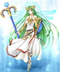Rule 34 | 1girl, bare shoulders, breasts, cleavage, full body, green eyes, green hair, highres, jewelry, kid icarus, lips, long hair, lots of jewelry, matching hair/eyes, nintendo, palutena, smile, solo, staff, super smash bros., thighhighs, very long hair, yuino (fancy party)