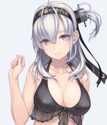 Rule 34 | 1girl, bikini, black bikini, black headband, breasts, commentary request, hachimaki, hair between eyes, headband, kantai collection, large breasts, looking at viewer, md5 mismatch, medium hair, one side up, purple eyes, resolution mismatch, rokuwata tomoe, side ponytail, silver hair, smile, solo, source larger, suzutsuki (kancolle), swimsuit