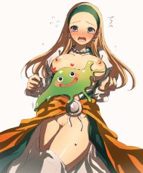Rule 34 | 1girl, blonde hair, blush, breasts, dragon quest, dragon quest xi, earrings, embarrassed, female focus, hairband, jewelry, long hair, necklace, nipples, no panties, pussy, s0azuki, senya (dq11), slime (dragon quest), square enix, tears, uncensored, undressing