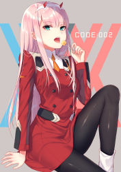 Rule 34 | 10s, 1girl, aqua eyes, arm support, bad id, bad pixiv id, black pantyhose, boots, breasts, candy, darling in the franxx, fingernails, food, grey background, hair between eyes, highres, holding, holding candy, holding food, holding lollipop, horns, jacket, lollipop, long hair, long sleeves, medium breasts, necktie, nunucco, open mouth, orange necktie, pantyhose, pink hair, red jacket, short necktie, sidelocks, sitting, solo, tongue, tongue out, very long hair, white footwear, zero two (darling in the franxx)