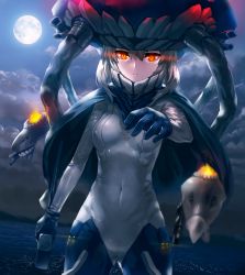 Rule 34 | 10s, 1girl, abyssal ship, black gloves, bodysuit, breasts, cape, covered navel, full moon, gloves, glowing, glowing eyes, kantai collection, kfr, light trail, long hair, looking at viewer, moon, outstretched arm, pale skin, red eyes, revision, silver hair, small breasts, solo, wo-class aircraft carrier