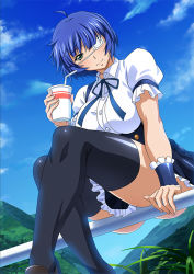 Rule 34 | 00s, 1girl, black thighhighs, blue hair, blush, breasts, cloud, day, eyepatch, from below, green eyes, holding, ikkitousen, large breasts, looking at viewer, mole, mole under mouth, outdoors, ryomou shimei, short hair, sitting, sky, smile, solo, thighhighs