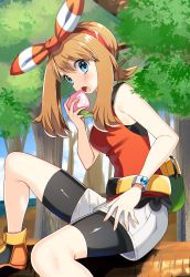 Rule 34 | 1girl, absurdres, bike shorts, blue eyes, bracelet, brown hair, commentary request, creatures (company), food, forest, fruit, game freak, hairband, highres, holding, holding food, jewelry, looking at viewer, may (pokemon), nature, nintendo, open mouth, orange footwear, outdoors, pokemon, pokemon oras, red hairband, shoes, short hair, shorts, sitting, sleeveless, solo, tree, white shorts, yuihico