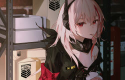 Rule 34 | 1girl, armband, bandana, black bandana, black legwear, blonde hair, box, cardboard box, close-up, commentary, cuts, eating, empty, food, girls&#039; frontline, griffin &amp; kryuger, grifon &amp; kryuger, headgear, highres, ice cream, ice cream cup, ice cream spoon, injury, long hair, long sleeves, looking at viewer, lunaplum, m4 sopmod ii (girls&#039; frontline), mechanical hands, mint chocolate, mint chocolate chip, mouth hold, multicolored hair, off shoulder, opening, red eyes, shelf, sitting, solo, spoon, storage room, streaked hair, torn clothes