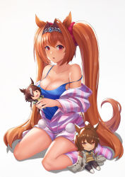 Rule 34 | 1girl, agnes tachyon (umamusume), bare shoulders, blush, breasts, brown hair, camisole, character doll, cleavage, collarbone, commentary, daiwa scarlet (umamusume), doll, full body, hair between eyes, hair intakes, highres, holding, holding doll, horse girl, jacket, kneehighs, large breasts, long hair, long sleeves, looking at viewer, no shoes, off shoulder, partially unzipped, red eyes, short shorts, shorts, sitting, socks, solo, striped clothes, striped jacket, striped shorts, striped socks, tiara, umamusume, very long hair, vococo, vodka (umamusume), wariza, white background