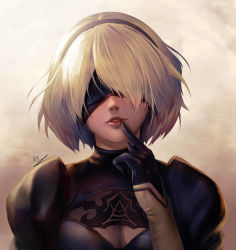 Rule 34 | 1girl, absurdres, backlighting, black dress, black gloves, black hairband, blindfold, breasts, cleavage, cleavage cutout, clothing cutout, covered eyes, dress, finger to mouth, gloves, hairband, has bad revision, head tilt, highres, md5 mismatch, medium breasts, nier:automata, nier (series), nose, parted lips, red lips, resized, resolution mismatch, short hair, signature, silver hair, smile, solo, source smaller, upper body, upscaled, 2b (nier:automata), yuuko takega