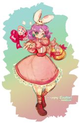 Rule 34 | 1girl, basket, bloomers, capelet, dress, earrings, easter, easter egg, egg, english text, freckles, full body, game arts, gradient background, grandia, grandia i, green eyes, heart, highres, jewelry, long hair, one eye closed, outstretched hand, pink dress, purple hair, puui (grandia), ribbon, short hair, sketch, smile, solo, stkstarbullet, sue (grandia), transparent background, underwear, watermark, web address, white bloomers