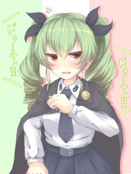 Rule 34 | 10s, 1girl, anchovy (girls und panzer), black cape, black ribbon, blue necktie, blue skirt, blush, cape, commentary request, drill hair, girls und panzer, green hair, hair ribbon, highres, italian flag, long hair, looking to the side, necktie, open mouth, red eyes, ribbon, shirt, skirt, solo, translation request, tsubu c, twin drills, twintails, wavy mouth, white shirt