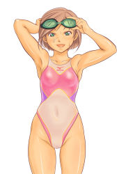 Rule 34 | 1girl, armpits, bad id, bad pixiv id, bob cut, brown hair, competition swimsuit, goggles, goggles on head, green eyes, mizuno (brand), navel, one-piece swimsuit, open mouth, pussy, see-through, shoko (moccom), short hair, simple background, smile, solo, standing, swimsuit, uncensored, wet