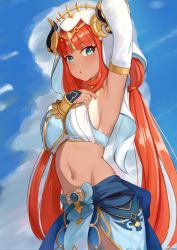 Rule 34 | 1girl, absurdres, arm up, armpits, bare shoulders, blue skirt, blue sky, breasts, cloud, commentary request, cowboy shot, crop top, day, detached sleeves, genshin impact, green eyes, groin, highres, horns, large breasts, long hair, long sleeves, looking at viewer, midriff, mockingeu, navel, nilou (genshin impact), outdoors, parted lips, red hair, skirt, sky, solo, standing, stomach, tan, tanline, veil, very long hair