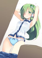 Rule 34 | 1girl, armpits, arms up, blue panties, blush, bow, bow panties, clothes pull, frog hair ornament, green eyes, green hair, hair ornament, hair tubes, kochiya sanae, long hair, matching hair/eyes, one eye closed, panties, satou kibi, shirt, simple background, skirt, skirt pull, solo, touhou, underwear, vest, white background