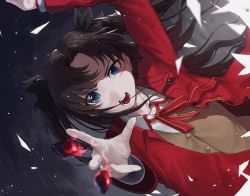 Rule 34 | 1girl, black bow, blue eyes, blush, bow, brown hair, coat, fate/stay night, fate (series), hair bow, hakisou, highres, long hair, long sleeves, open mouth, red coat, solo, striped, striped background, tohsaka rin, twintails, very long hair