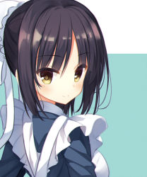 Rule 34 | 1girl, apron, black hair, blue dress, blush, breasts, brown eyes, bun cover, cafe stella to shinigami no chou, cariboy, closed mouth, dress, frilled apron, frills, green background, hair between eyes, hair bun, looking at viewer, looking back, maid, maid apron, medium breasts, shiki natsume, sidelocks, single hair bun, smile, solo, two-tone background, upper body, white apron, white background