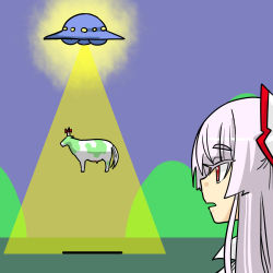 Rule 34 | 1girl, abduction, animalization, beam, bow, cow, energy, energy beam, female focus, floating, fujiwara no mokou, hair bow, hill, horn ornament, horn ribbon, horns, kamishirasawa keine, kamishirasawa keine (cow), long hair, looking at another, open mouth, red eyes, ribbon, seki (red shine), silver hair, simple background, single horn, solo, touhou, ufo, what