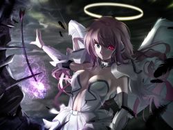 Rule 34 | 1girl, belt, black sleeves, breasts, cape, cleavage, closed mouth, cloud, cloudy sky, detached sleeves, floating hair, frown, green eyes, heterochromia, ikaros, long hair, looking at viewer, medium breasts, midriff, navel, outstretched arm, pink hair, pleated skirt, red eyes, skirt, sky, solo, sora no otoshimono, stomach, strapless, tagame (tagamecat), very long hair, white belt, white cape, white skirt, white wings, wings