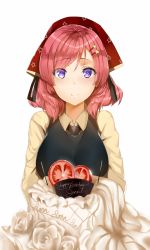 Rule 34 | 10s, 1girl, apron, hair ornament, hairclip, happy birthday, headwear request, heart, hews, holding, looking at viewer, love live!, love live! school idol festival, love live! school idol project, nishikino maki, pink hair, purple eyes, short hair, simple background, smile, solo, star (symbol), star print, tomato, white background