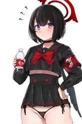 Rule 34 | 1girl, ?, absurdres, armband, black hair, black panties, black sailor collar, black serafuku, black skirt, black wings, blue archive, bob cut, bottle, bow, bowtie, breasts, cameltoe, choker, commentary request, crop top, halo, hand on own hip, high-waist skirt, highres, holding, holding bottle, kuro (zhurunbo1997), long sleeves, mashiro (blue archive), panties, pleated skirt, purple eyes, red bow, red bowtie, red halo, sailor collar, school uniform, serafuku, short hair, side-tie panties, simple background, skirt, small breasts, solo, sweat, underwear, white background, winged halo, wings