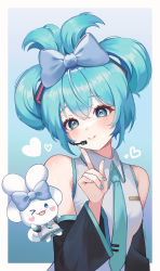 Rule 34 | &gt; o, 1girl, :3, :d, absurdres, aqua background, aqua eyes, aqua hair, aqua nails, aqua necktie, bare shoulders, black sleeves, blue bow, blush, blush stickers, border, bow, cinnamiku, cinnamoroll, closed mouth, collared shirt, commentary, detached sleeves, doongdang, ear bow, eyelashes, fingernails, gradient background, hair between eyes, hair bow, hatsune miku, headset, heart, heart blush stickers, highres, long hair, long sleeves, looking at viewer, microphone, nail polish, necktie, official alternate hairstyle, one eye closed, open mouth, outside border, rabbit, sanrio, shirt, sidelocks, sleeveless, sleeveless shirt, smile, tie clip, tied ears, updo, upper body, vocaloid, white border, white shirt, wide sleeves, wing collar