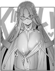 Rule 34 | 1boy, 1girl, areola slip, azur lane, bad id, bad twitter id, between breasts, braid, breasts, cleavage, clothes pull, commander (azur lane), commentary request, dress pull, eyes visible through hair, glasses, greyscale, hair ornament, hands up, huge breasts, long hair, long sleeves, looking down, monochrome, necktie, nipples, one breast out, parted bangs, parted lips, pulling another&#039;s clothes, semi-rimless eyewear, shangri-la (azur lane), sidelocks, snowflake hair ornament, solo focus, sweatdrop, sweater, very long hair, yoshiragi