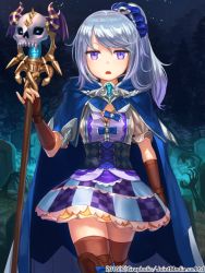 1girl cloak corset d: female_focus fingerless_gloves gloves long_hair miniskirt official_art open_mouth ox_(baallore) ponytail priget_plus purple_eyes silver_hair skirt solo staff thighhighs zettai_ryouiki