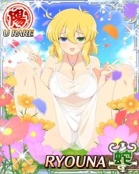 Rule 34 | 10s, 1girl, blonde hair, breasts, card (medium), character name, field, flower, flower field, heterochromia, large breasts, ryouna (senran kagura), senran kagura, solo, squatting, tagme