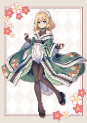 Rule 34 | 1girl, absurdres, alice margatroid, alternate costume, black bridal gauntlets, black pantyhose, blonde hair, blue eyes, breasts, bridal gauntlets, closed mouth, floral print, frilled kimono, frills, full body, green kimono, highres, japanese clothes, kimono, long sleeves, maid headdress, mechrailgun, pantyhose, sandals, small breasts, smile, toes, touhou, wide sleeves
